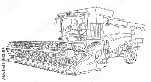 Detailed line drawing of a modern combine harvester for agricultural use.