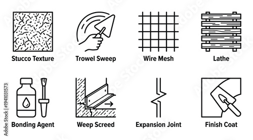 Plastering work tools line icons such as stucco texture and bonding agent set for building