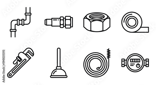 Plumbing tools icons set pipe wrench plunger pipefitting water meter nut and plumbing