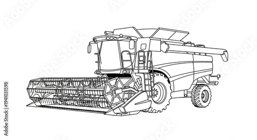 Detailed line drawing of a modern combine harvester, an agricultural machine used for harvesting grain crops in farming fields.