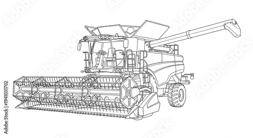 Detailed line drawing of a modern combine harvester used in agriculture.