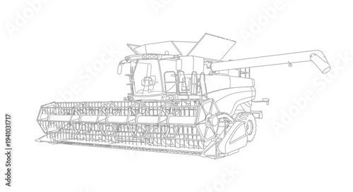 Detailed line drawing of a modern combine harvester, an agricultural machine used for harvesting grain crops in farming fields.