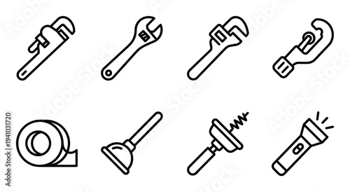Plumbing tools isolated vector outline drawing for plumbing construction work and home repair design