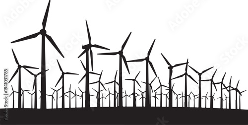 Silhouette of wind turbines on a white background