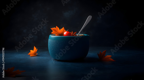 Cozy autumnal bowl of oatmeal with fresh fruit and spices