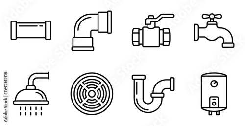 Sanitary engineering black line vector icons set plumbing equipment connection fittings and fixtures