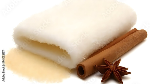 Soft soap bar with cinnamon sticks and star anise on white background