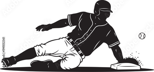 Baseball player sliding into base with ball in air