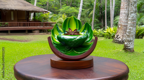 Beautiful green glass lotus flower sculpture on wooden base outdoors