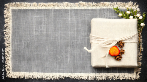 Cozy kitchen table setting with wrapped cloth napkin and seasonal spices