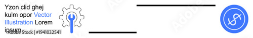 Technology, engineering, digital solutions, process optimization, connectivity, innovation. A gear with a wrench next to a linked chain icon connected by a line. Technology and engineering concepts