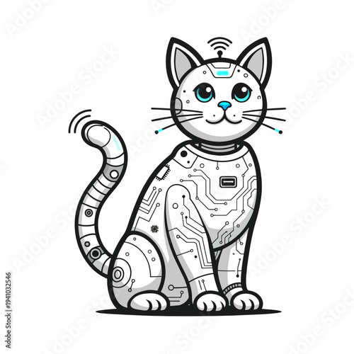 Futuristic robotic cat illustration showcasing advanced technology and artificial intelligence in a modern digital environment from a front viewpoint