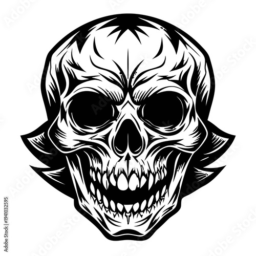A menacing skull illustration with a bold black outline and intricate details, showcasing a haunting expression, viewed from the front