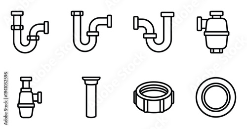 Set of plumbing pipe part line art vector illustration on transparent background