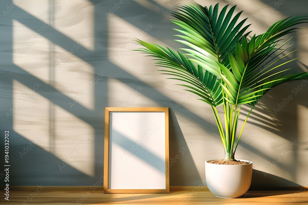 custom made wallpaper toronto digitalBright Green Palm Plant in Sunlit Room with Empty Frame