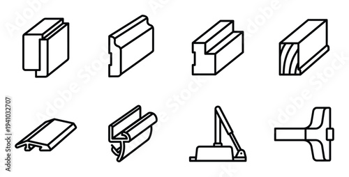 Set of wooden floor decorative mouldings line icons such as baseboard and architrave profile