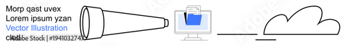 Data management, cloud computing, file transfer, online storage, digital communication, remote access. Telescope symbol connecting to a computer screen and cloud. Data management and cloud computing