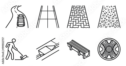 Set of road surface types street repair construction and drainage system elements collection