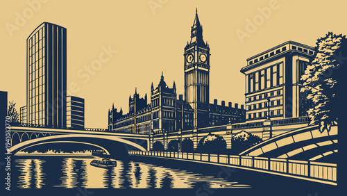 Historic European Capital City Skyline View with River and Architectural Landmarks in Monochromatic Style Manchester skyline silhouette