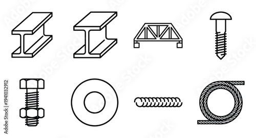 Steel structures and construction materials for industrial and architectural projects with bolts and fasteners