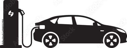 Electric car charging at a station silhouette graphic