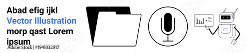 Digital technology, voice recognition, data analytics, artificial intelligence, storage systems, automation. Icons of folder, microphone and robot. Focus on data analytics and voice recognition