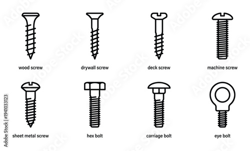 Various screws and bolts types collection engineering construction fasteners hardware isolated set