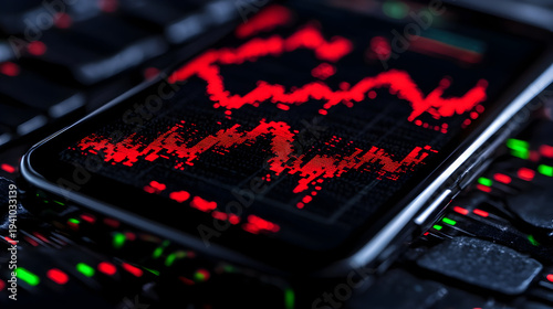 Smartphone displaying red stock market graph on screen with blurred keyboard background