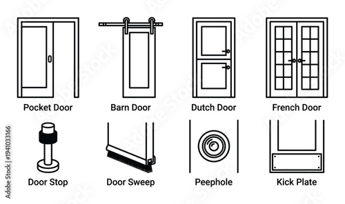 Various types of doors including pocket, barn, french doors and door stop simple line icon vector