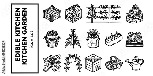 Edible Kitchen Garden Bold Line Icons-Raised Vegetable Bed Fruit Cage Espalier Apple Herb Spiral Strawberry Barrel Bean Frame Teepee Potato Bag-15 Kitchen Garden Icon Set Vector - Edible Garden Icons