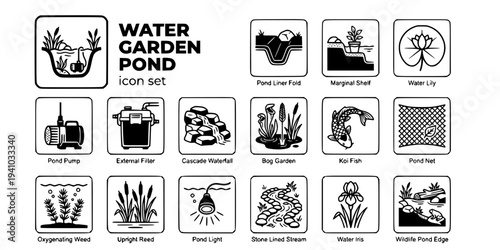 Water Garden Pond Bold Line Icons-Pond Liner Marginal Plant Water Lily Pond Pump Filter Box Cascade Waterfall Bog Garden Koi Fish Oxygenating Weed-15 Water Garden Icon Set Vector - Pond Icons