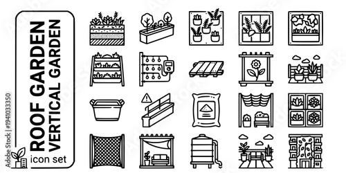 Roof Garden Vertical Garden Bold Line Icons-Green Roof Sedum Rooftop Planter Living Wall Vertical Planter Irrigation Drip Roof Deck Container Roof-15 Roof Garden Icon Set Vector - Vertical Garden Icon