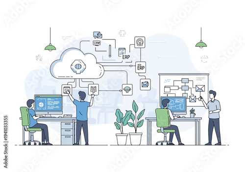 Team collaborating on cloud based technology solutions and digital transformation projects in a modern office setting