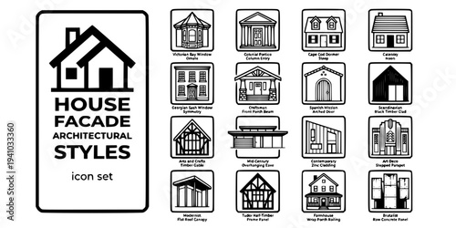 House Facade Architectural Styles Bold Line Icons-Victorian Bay Window Georgian Sash Arts Crafts Modernist Flat Roof Tudor Colonial Craftsman Mid-Century-15 Facade Styles Icon Set Vector - Architectur