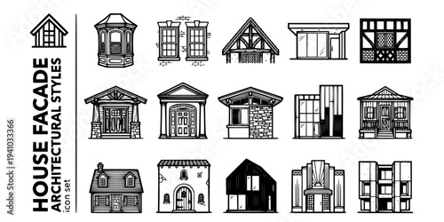 House Facade Architectural Styles Bold Line Icons-Victorian Bay Window Georgian Sash Arts Crafts Modernist Flat Roof Tudor Colonial Craftsman Mid-Century-15 Facade Styles Icon Set Vector - Architectur