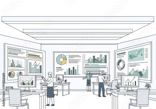 Business professionals collaborate in a modern office space analyzing data displayed on large screens and computer monitors showcasing charts and