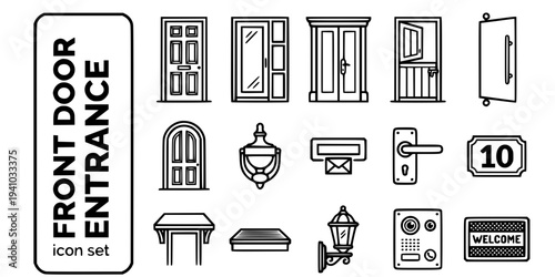 Front Door Entrance Bold Line Icons-Paneled Front Door Glazed Door Sidelight Double Door Stable Door Pivot Door Arched Door Knocker Letterbox Handle-15 Front Door Icon Set Vector - Entrance Icons