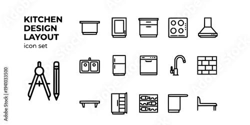 Kitchen Design Layout Bold Line Icons-Kitchen Island Wall Cabinet Base Unit Hob Four Ring Extractor Hood Undermount Sink Integrated Fridge Dishwasher-15 Kitchen Design Icon Set Vector - Layout Icons