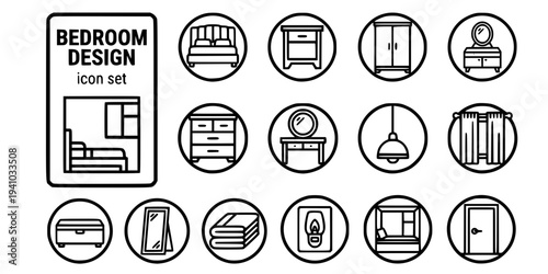Bedroom Design Bold Line Icons-King Bed Headboard Bedside Table Wardrobe Double Door Chest of Drawers Dressing Table Pendant Light Blackout Curtain-15 Bedroom Design Icon Set Vector - Interior Icons