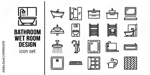 Bathroom Wet Room Design Bold Line Icons-Freestanding Bath Walk-In Shower Wall-Hung Vanity Semi-Recessed Basin Heated Towel Rail Shower Head Rain-15 Bathroom Design Icon Set Vector - Wet Room Icons