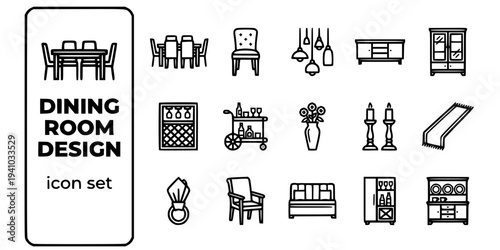 Dining Room Design Bold Line Icons-Dining Table Rectangular Dining Chair Pendant Light Cluster Sideboard Display Cabinet Wine Rack Bar Cart Centerpiece-15 Dining Room Icon Set Vector - Interior Design