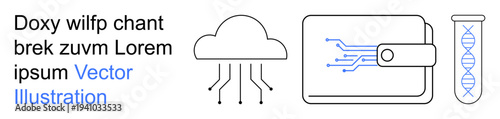 Cloud storage, financial security, biotechnology, digital systems, innovation, connectivity. Line drawing of a cloud, digital wallet and DNA tube. Cloud storage and financial security