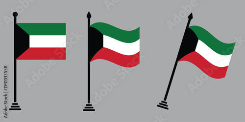 Kuwait Flag icon Set National Flag of Kuwait on Flagpole in Flat, Waving and Slanted Style.Vector Illustration