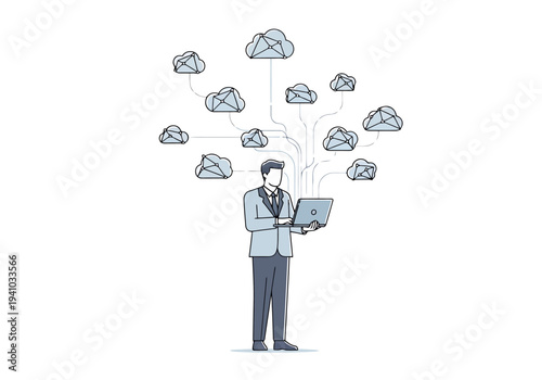 Businessman connected to cloud network for digital data storage and transfer via laptop computer interface for remote access and online communication