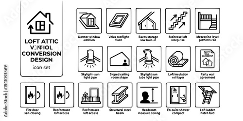 Loft Attic Conversion Design Bold Line Icons-Dormer Window Velux Rooflight Eaves Storage Loft Staircase Mezzanine Level Sloped Ceiling Skylight Sun Tube-15 Loft Conversion Icon Set Vector - Attic Desi