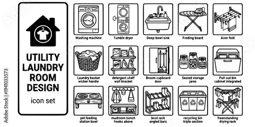 Utility Laundry Room Design Bold Line Icons-Washing Machine Tumble Dryer Utility Sink Ironing Board Wall Airer Laundry Basket Detergent Shelf Broom-15 Utility Room Icon Set Vector - Laundry Design Ico