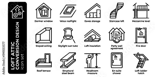 Loft Attic Conversion Design Bold Line Icons-Dormer Window Velux Rooflight Eaves Storage Loft Staircase Mezzanine Level Sloped Ceiling Skylight Sun Tube-15 Loft Conversion Icon Set Vector - Attic Desi