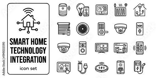 Smart Home Technology Integration Bold Line Icons-Smart Speaker Lighting Scene Control Underfloor Heating Motorized Blind Whole-Home Audio Smart Lock CCTV-15 Smart Home Icon Set Vector - Technology In