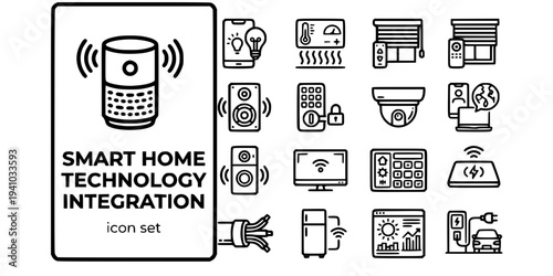 Smart Home Technology Integration Bold Line Icons-Smart Speaker Lighting Scene Control Underfloor Heating Motorized Blind Whole-Home Audio Smart Lock CCTV-15 Smart Home Icon Set Vector - Technology In