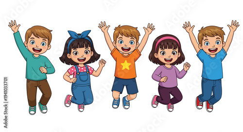 Five joyful cartoon children with brown hair happily jumping with raised hands